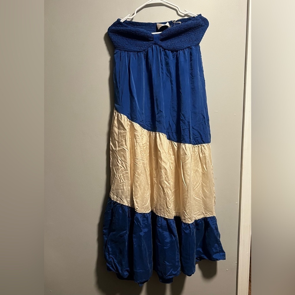 SANCIA Chic Strapless Blue and Cream Maxi Dress - Picture 2 of 5
